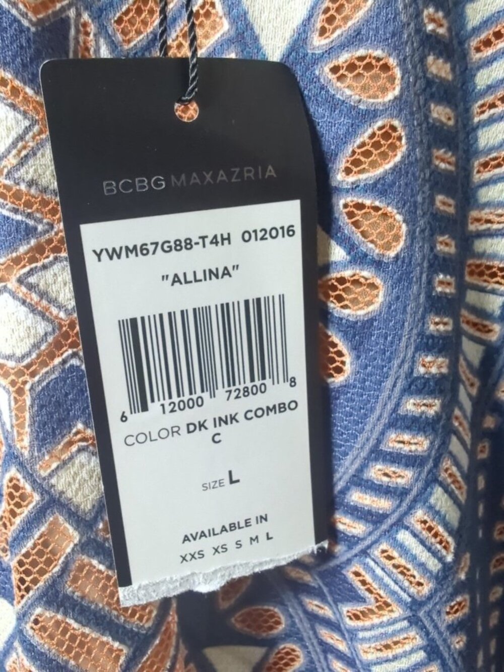 BCBGMAXAZRIA Navy & Rust Boho Long Sleeve Shift Dress | Size Large - Picture 6 of 6